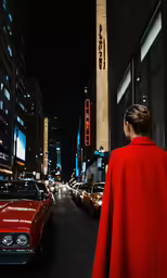 a woman wearing a red cape standing on a street in front of cars