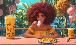 a girl in yellow drinking a drink and sitting at a table with food,a girl is drinking from a cup while holding a plate with food