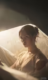 a young woman posing for a picture in her wedding gown