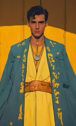a man with an arm around his body and wearing a jacket