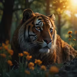 an adult tiger lying on the ground in a forest