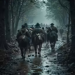 several men are riding horses down a trail