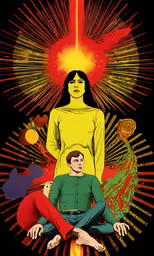 two people in front of an illustration of red, yellow and green