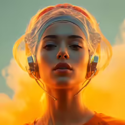 an alien girl with ear phones and a braid around her head