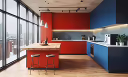 a large kitchen that has been painted red, blue and white