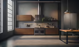 a kitchen with wooden cabinets, stainless steel appliances and a dining table