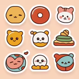 a set of cartoon stickers featuring donuts, donut characters, and other foods