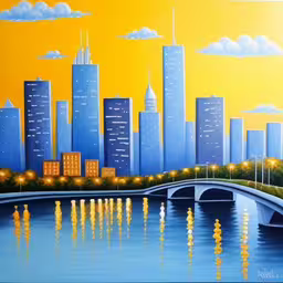an image of a painting of city lights,a painting of an artistic scene with a bridge,a painting of city lights across the water and bridge,painting of a city skyline with a yellow sky,a picture of a painting of the city by water