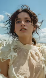 the girl in the white dress looks out into the distance