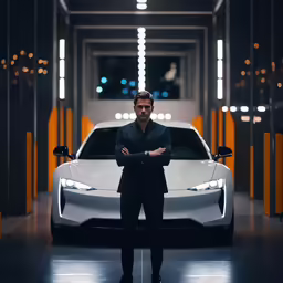 a man leaning on a car inside a room