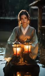 a woman sitting in water next to lanterns