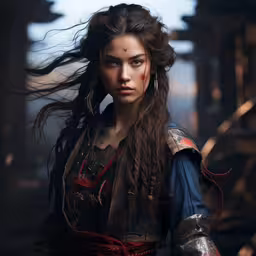 a woman dressed in warrior gear, staring directly into the camera,a beautiful young woman in costume, wearing a large earring and hair blowing in the wind