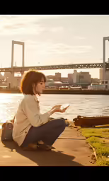 a woman sitting on the ground in front of the water and a bridge