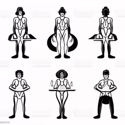 woman posing in the form of people on various poses with drinks and desserts,woman with no underwear sitting at table royalty illustration