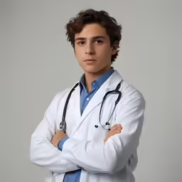 a man in a white coat is standing with his arms crossed