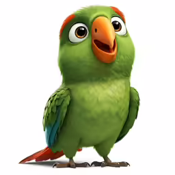 a green parrot with an orange beak and large eyes