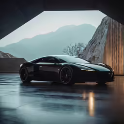 a car sits in the middle of a garage