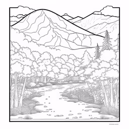a drawing of a stream with mountains in the background,a river in the mountains with trees