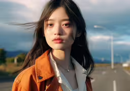 a woman standing on the side of a road,a woman with her hair blowing in the wind, on a windy road