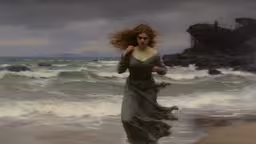 an image of a woman walking in the ocean,a painting of a woman walking on the beach