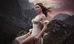 a very beautiful woman in a dress sitting on a rock