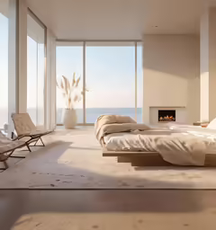 an expansive bedroom has a view of the ocean