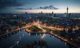 the city lights shine on the surrounding streets and buildings