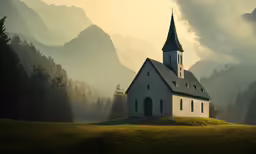 church in the mountains with a dark sky
