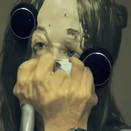 a woman looking through two metal cups and her cell phone