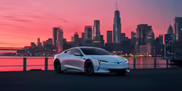 a white car parked in front of a city