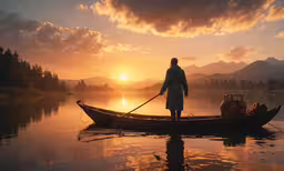 man in white coat paddling in canoe at sunset,a man is standing on the boat looking at the water