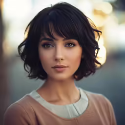 a woman with brown hair and a sweater on posing