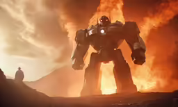 a huge robot standing next to a fire