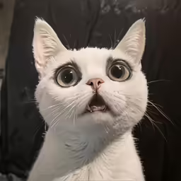 an white cat looks into the camera with his mouth wide open