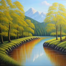 a painting of a forest with a mountain in the background,a painting of a river flowing between some trees,a painting of a peaceful scene of river with mountains in the background,painting of a pond, with mountains and trees,a painting of green and yellow scenery in a park