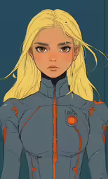 anime girl with blonde hair and a gray top
