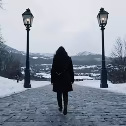 the person walks down a cobblestone walkway in a park