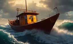 an image of a boat in the ocean,a boat sailing through the ocean under clouds