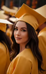 an attractive woman dressed in yellow poses for a picture