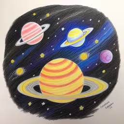 a drawing of an outer planets space scene,a drawing of a cartoon planet with a few different planets around it,a drawing of a picture of the solar system,this is a drawing of a planet with the four planets and two stars,a drawing of some sort of space scene