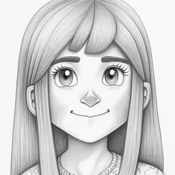 the drawing is a portrait of a young girl,a girl with long hair and bangs is drawn in pencil