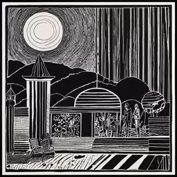 a drawing that depicts two columns, with trees and mountains in the background,the landscape of an oriental town drawn in black and white