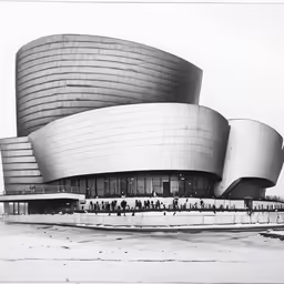 the exterior of a large building that has many people outside of it