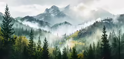 a very beautiful mountain scene with fog and trees