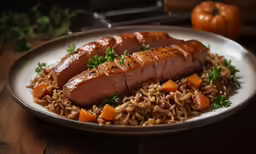 two slices of meat and rice are served on a plate