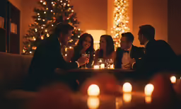 a group of people sit around a table, surrounded by candles
