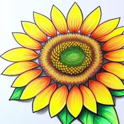 colorful drawing of a large sunflower with green leaves,the green center of this sunflower is drawn with colored pencils