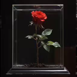 the small rose in the glass case is just starting to bloom
