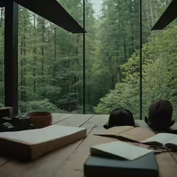 a table topped with books and hats next to trees