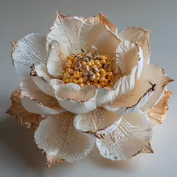 a white lotus flower with yellow center and some speckled leaves
